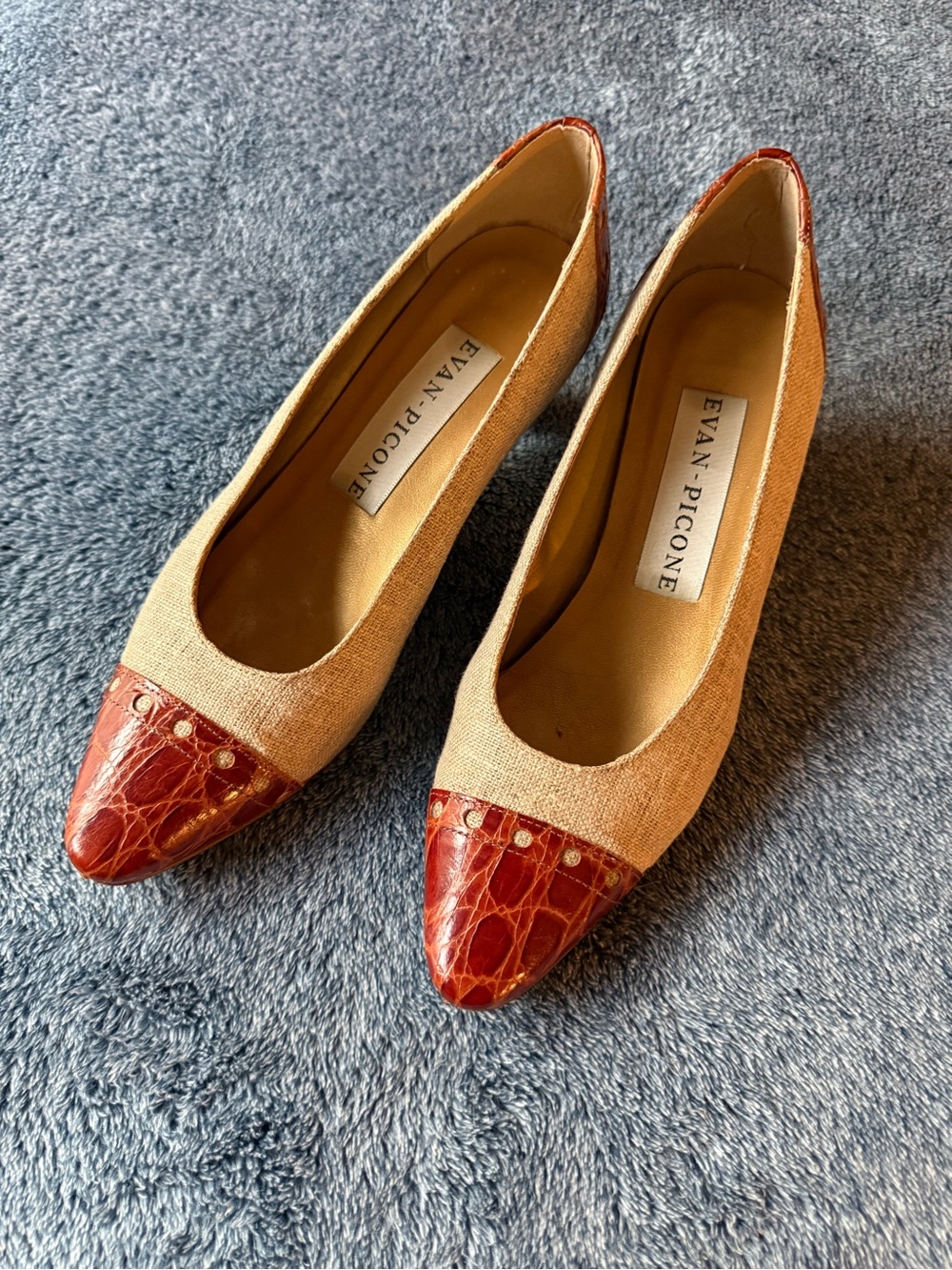 Evan Picone Beige and Brown Croc-Accent Pointed-Toe Flats